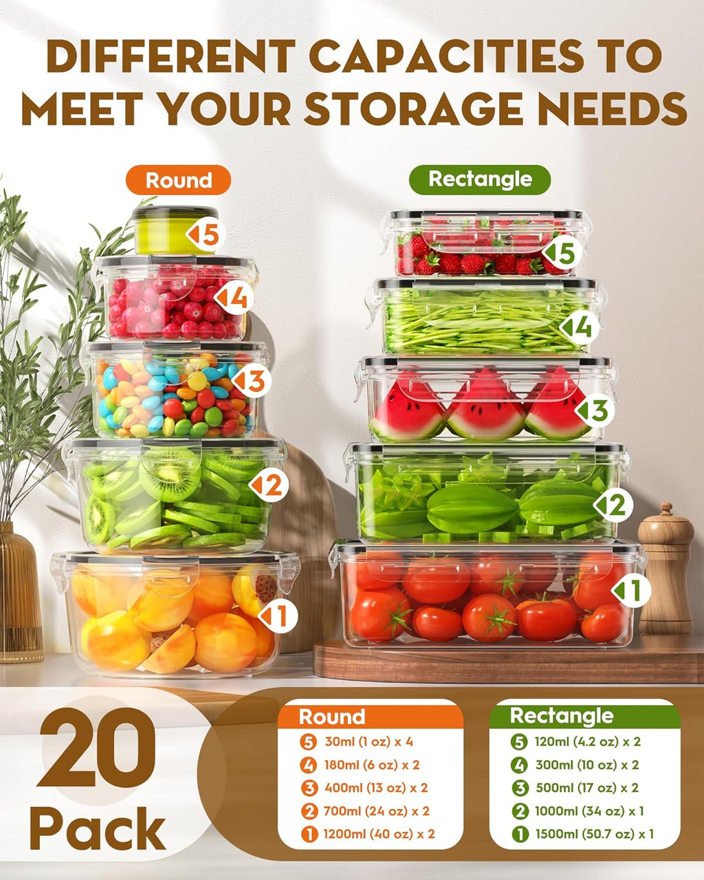 40 PCS Food Storage Containers with Lids Airtight (20 Containers & 20 Lids), Leakproof Meal Prep for Kitchen Storage