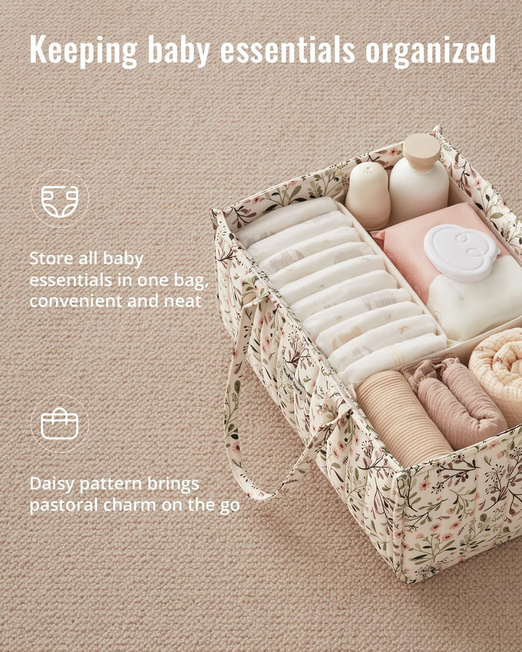 Floral Diaper Caddy Organizer, Stylish Nursery Storage Basket, Diaper Bag,Gift for Baby Shower, Baby Registry Must