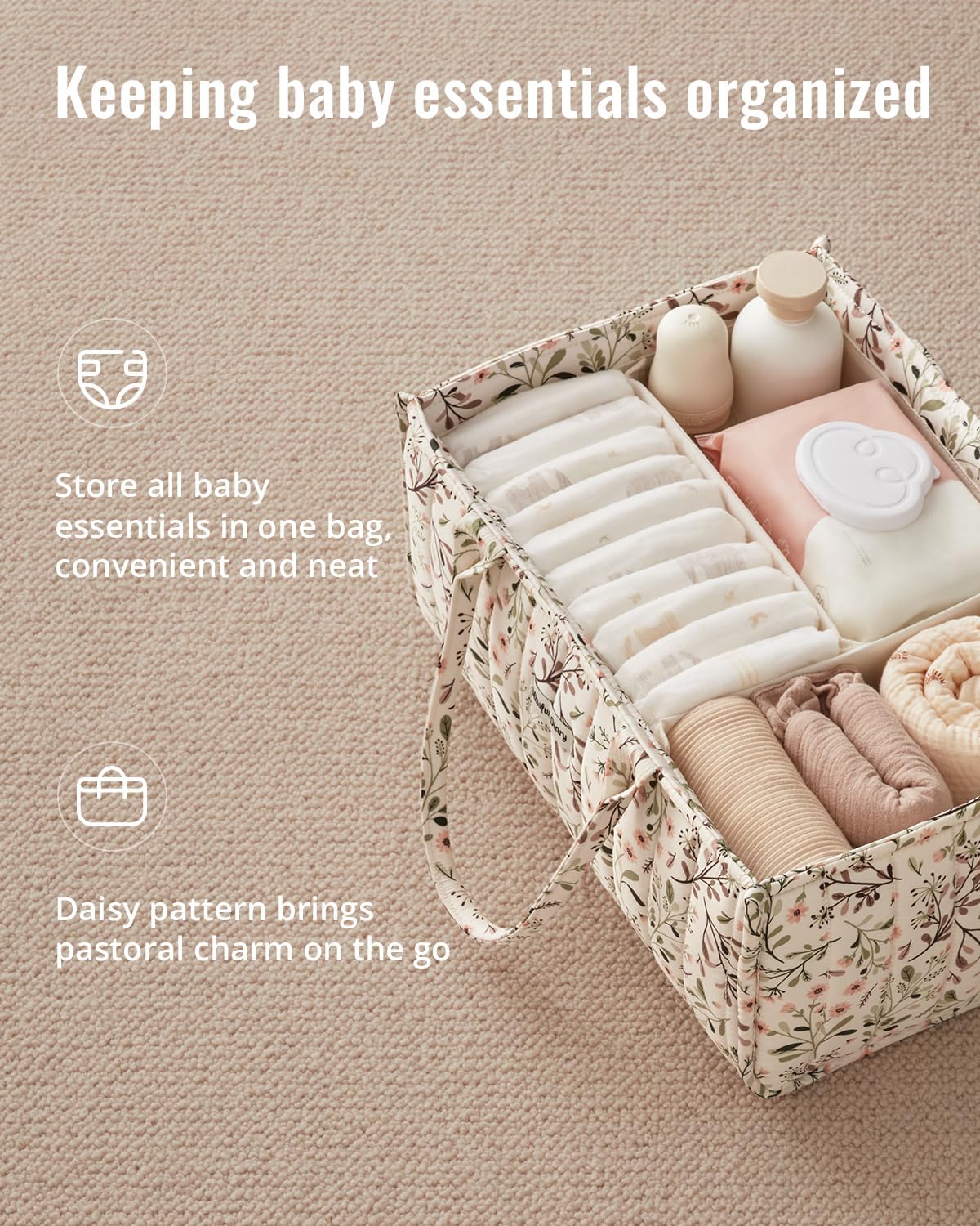 Floral Diaper Caddy Organizer, Stylish Nursery Storage Basket, Diaper Bag,Gift for Baby Shower, Baby Registry Must