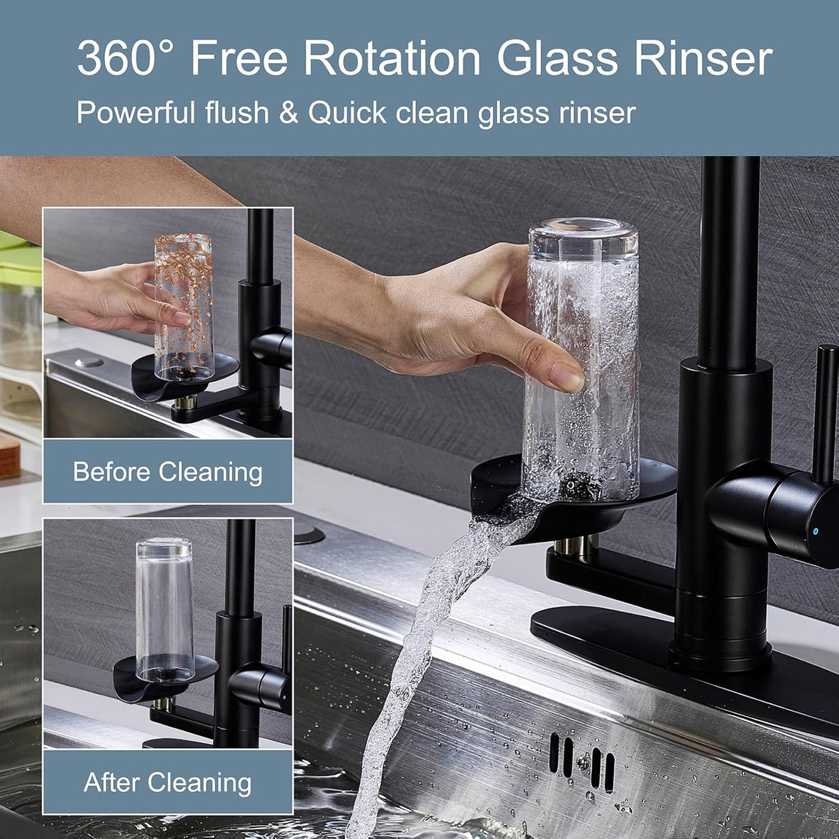 Matte Black Kitchen Faucet with Glass Rinser, Pull Down Sprayer with 3 Water Modes, Single Handle Stainless Steel