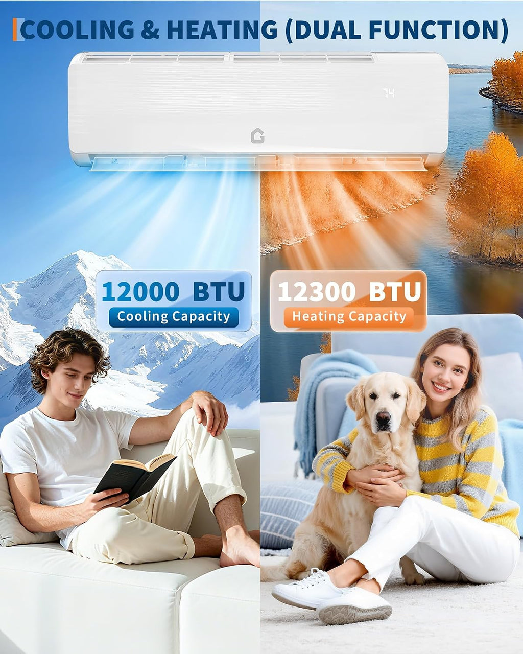 12000 BTU Mini Split Heat Pump AC, 19 SEER2 Inverter Ductless Wall-Mount Air Conditioner & Heater, 6-in-1 Modes