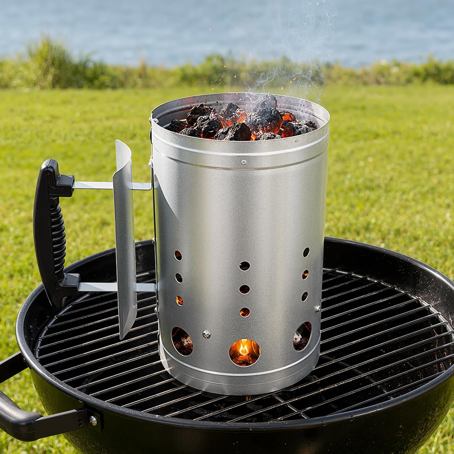 BBQ Charcoal Chimney Starter Set with Cubes, Air Blower and Mitts