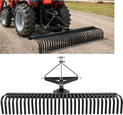 Landscape Rake 3 Point 360 Rotation 60 Inch Compatible with Category 1 Compact Tractors Tow Behind Garden Tool Black
