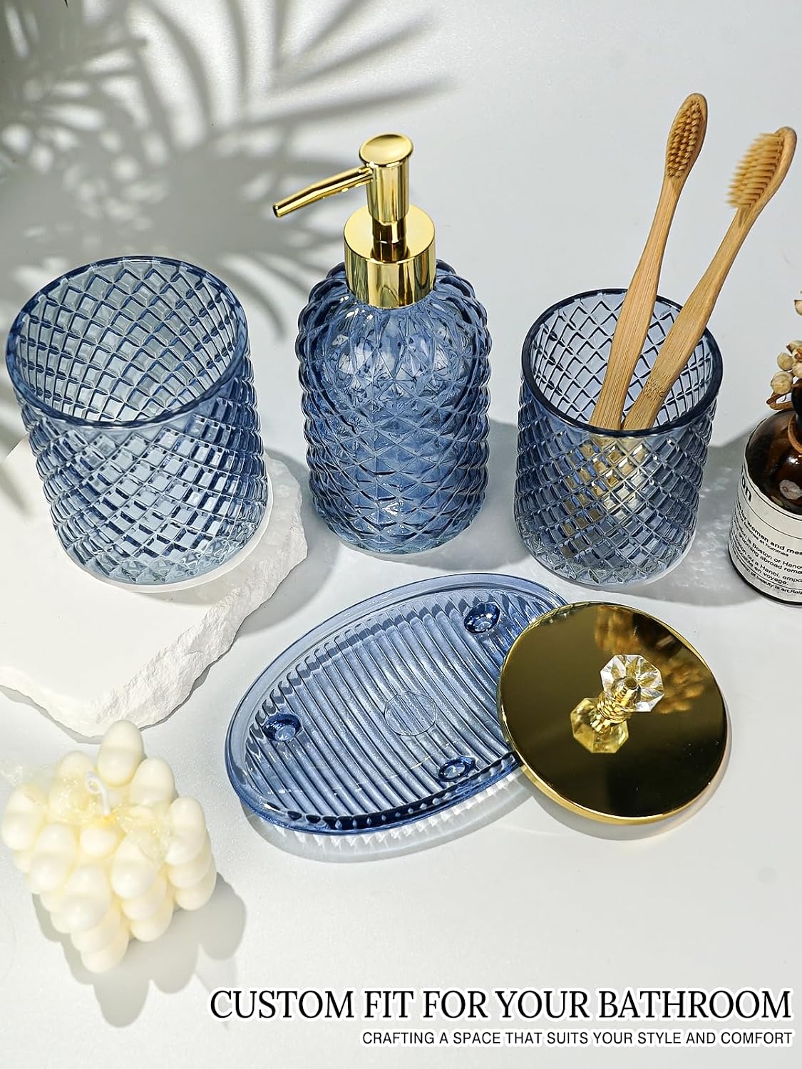 Glass Bathroom Accessories Set, Navy Blue Bathroom Set, 4 Pcs | Kit w/ Bathroom Soap Dispenser Set, Toothbrush