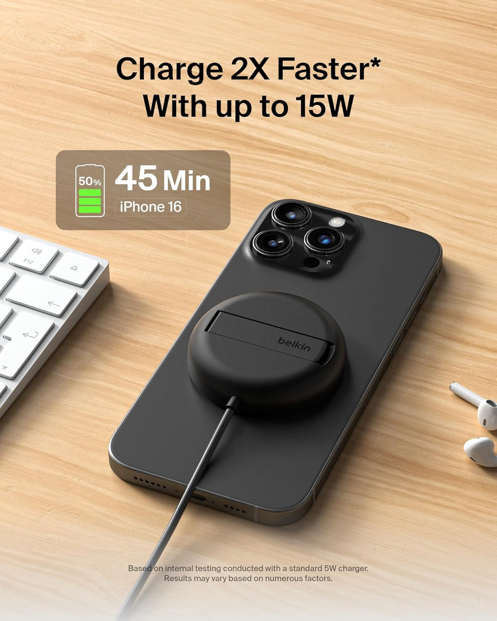 Qi2 15W Magnetic Wireless Charging Pad with Kickstand, No Adapter | MagSafe compatible, iPhone 17 Series, Samsung