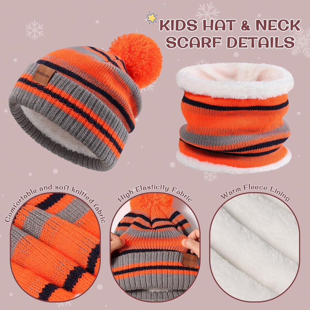 Kids Winter Hat Gloves Scarf Set: Girls Boys Beanie Fleece Lined Ages 6-10 | Kids Beanie Hats Gloves Neck Warmer Knit