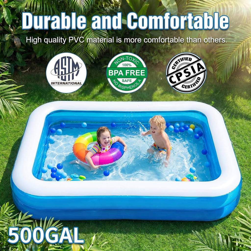 Full-Sized Inflatable Swimming Pool, Extra Large Blow Up Pool, Heavy Duty Above Ground Pool with Drain Valve