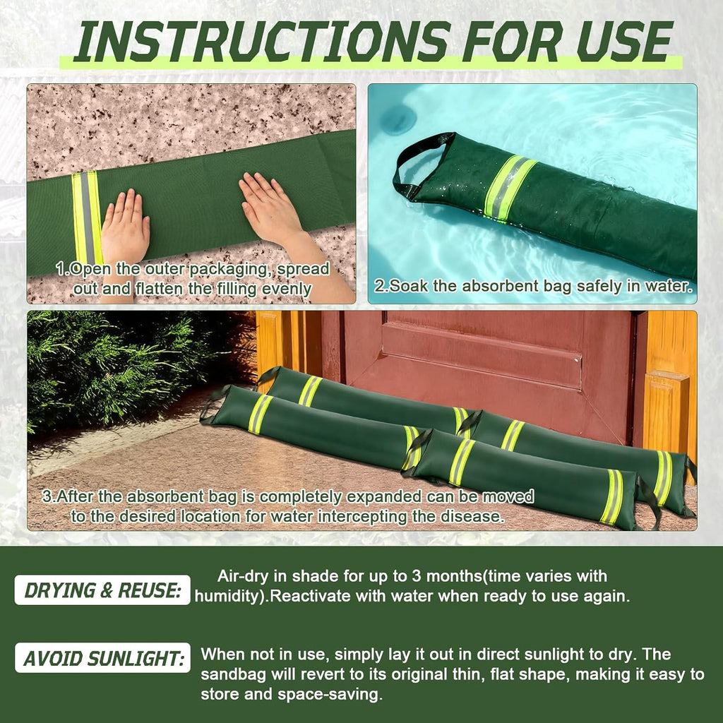 3Ft x 7.8In Water Activated Flood Barriers for Home with Handles & Reflective Strips, Sandless Sand Bags, Reusable