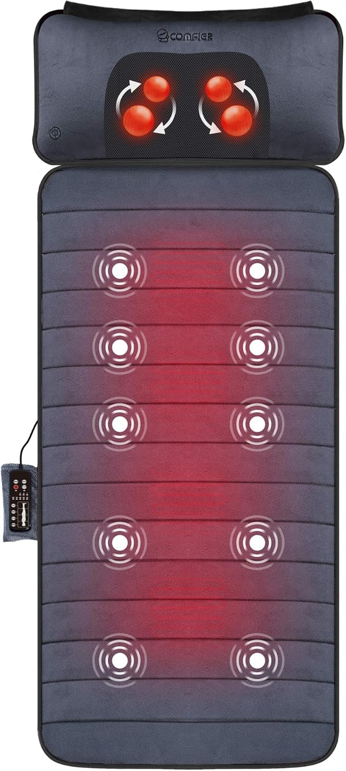 Full Body Massage Mat with Movable Neck Pillow, Shiatsu Back Massager with 10 Vibrating Motors & 4 Heat Levels