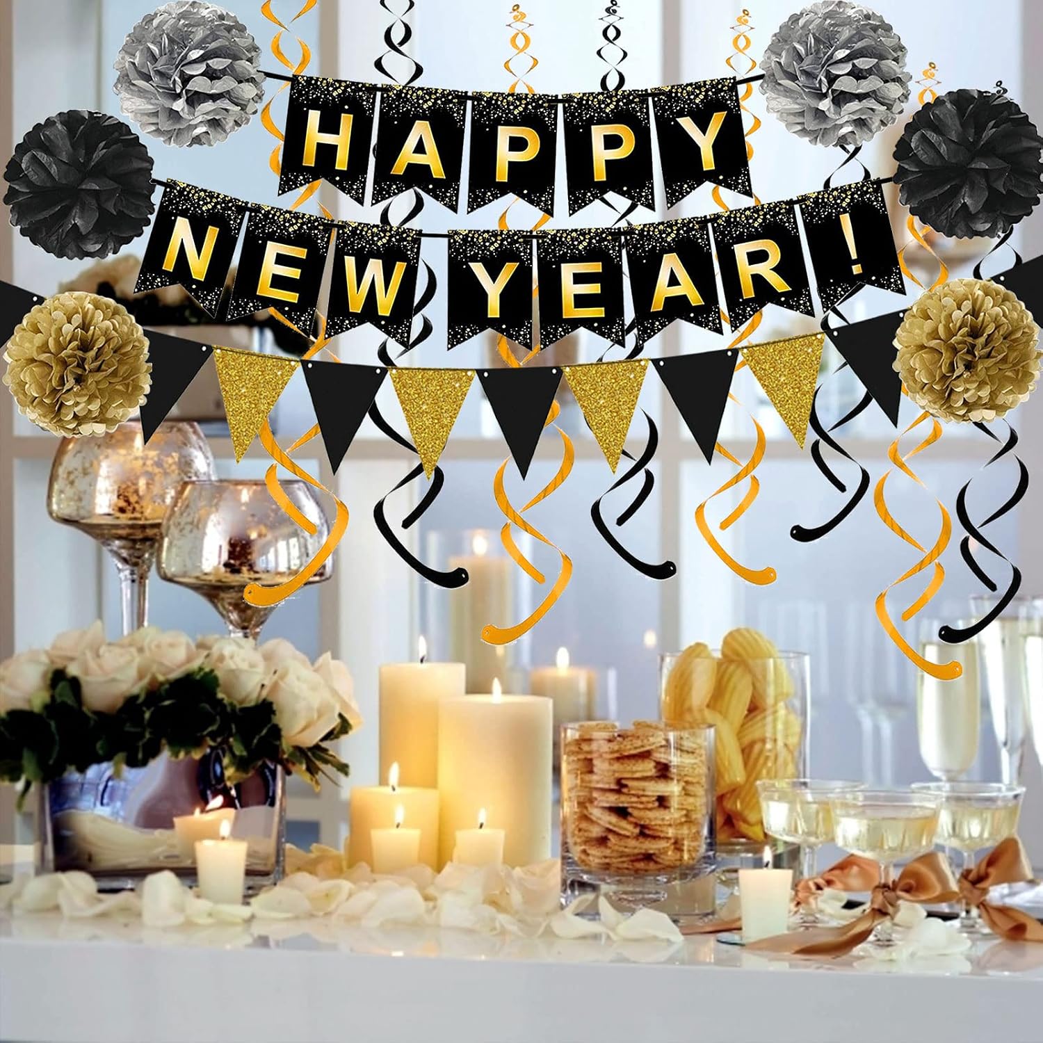 Happy New Year Set Black Banner with Gold Black Paper Flag Bunting Swirl Streamers & Pom Poms for Happy New Year