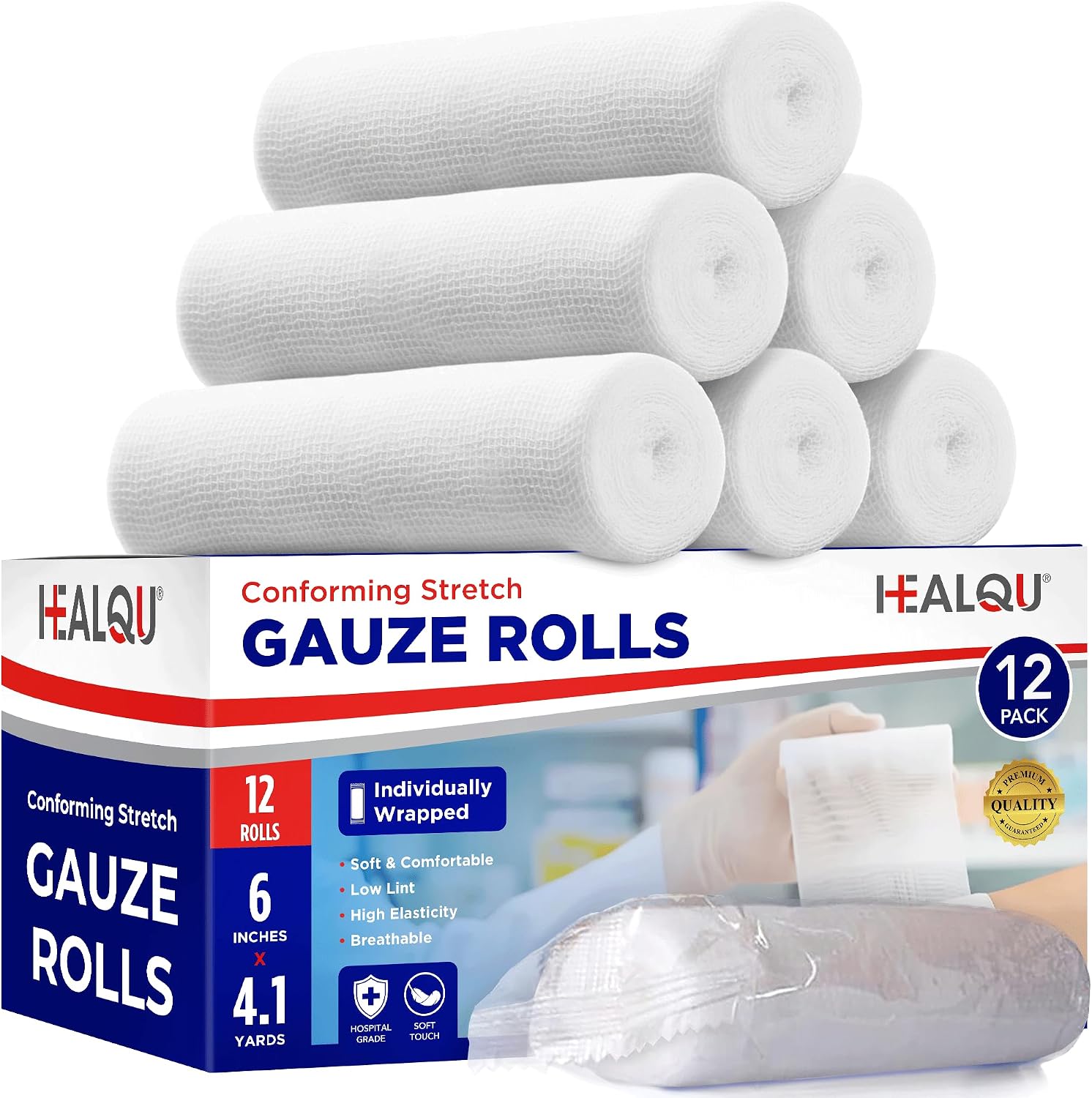 Premium Gauze Rolls - 6' x 4.1 Yards - 12 Rolls, Individually Wrapped Conforming Stretch Gauze Bandage - Super Soft
