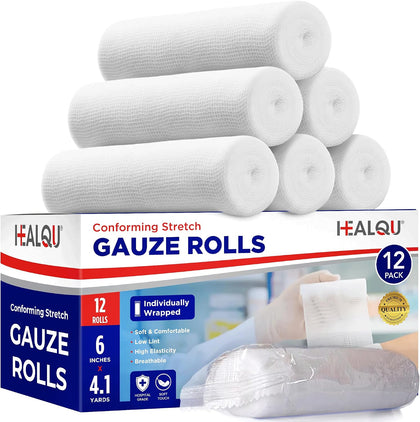 Premium Gauze Rolls - 6' x 4.1 Yards - 12 Rolls, Individually Wrapped Conforming Stretch Gauze Bandage - Super Soft