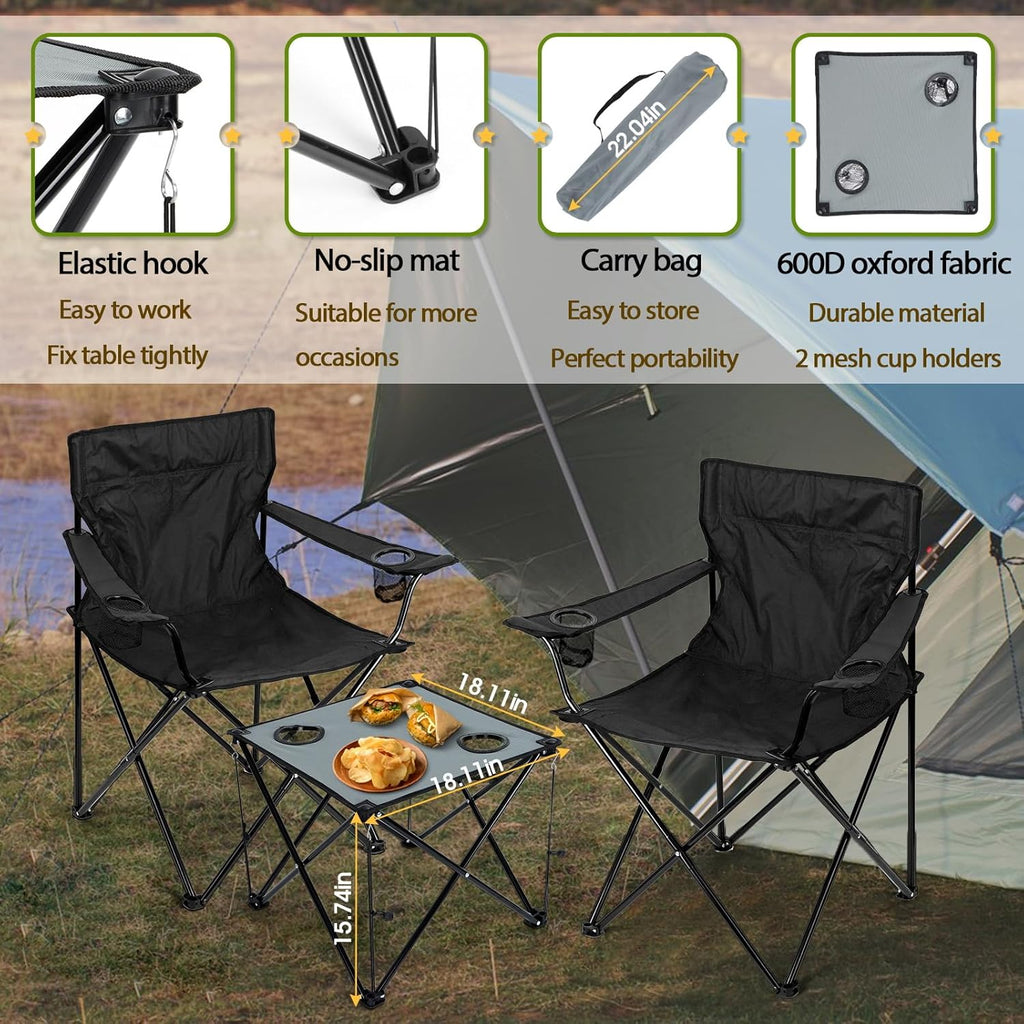 Folding Camping Chair Set of 3, Foldable Black Camp Chairs & Grey Table, Large Lawn Chair Portable for Adults Hiking