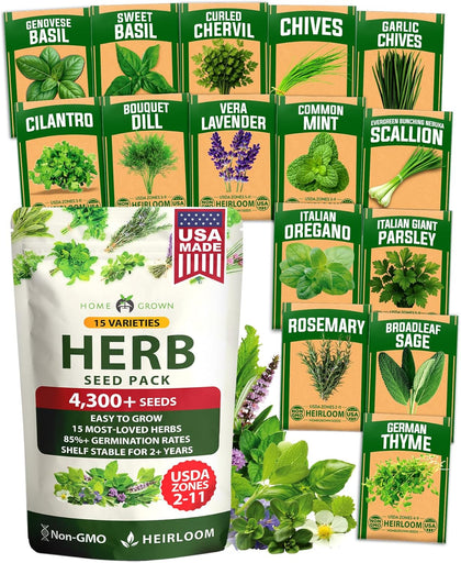 Herb Seeds for Planting 15-Pack Massive Seed Count 4,300+ Seeds Non-GMO Heirloom | Extra Large | Culinary Herb Kit