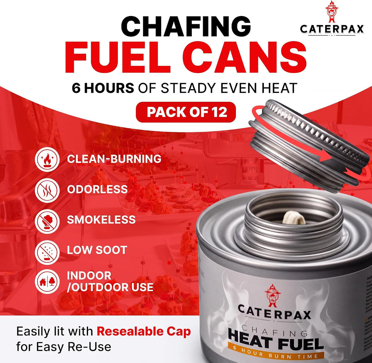 6 Hour Chafing Fuel Cans for Food Warmers and Buffet Trays 12 Pack