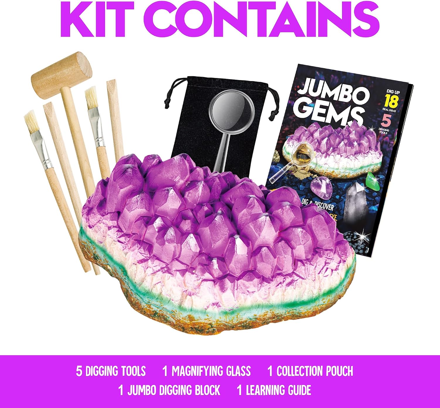 Piano Potato Jumbo Gemstone Dig Kit, 18 Real Crystals & Gems, STEM Toy 6+ | Amethyst Gem Dig Block, 5 Tools &