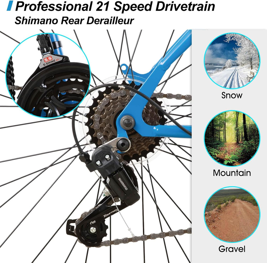27.5 Inch Mountain Bike, Mens Womens MTB with 21 Speeds, High-Tensile Steel Frame, V Brake, Hardtail Bicycle for