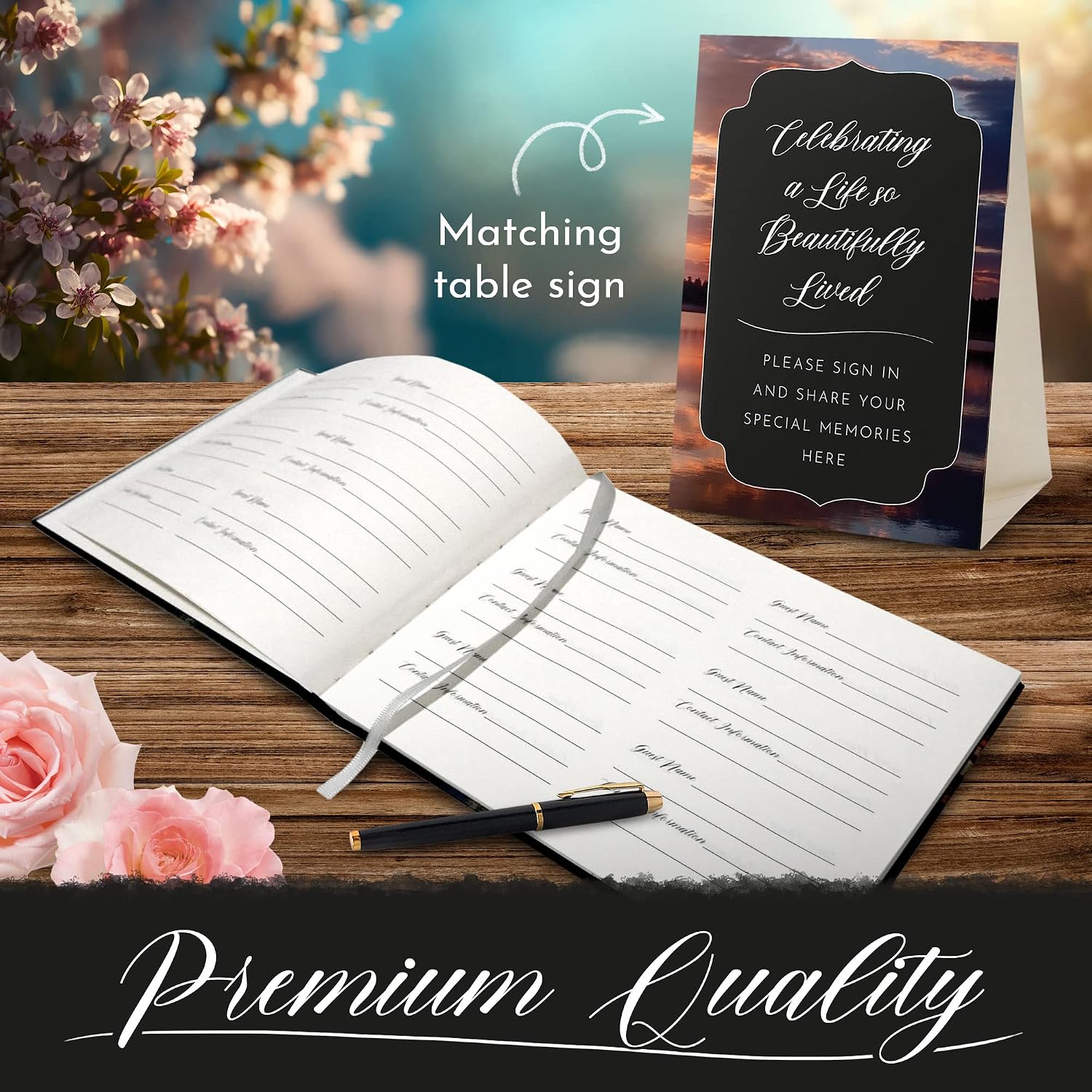 All-In-One Funeral Guest Book Set – Elegant Memorial Guestbook, Funeral Register Book, 60 Memory Cards, Collection