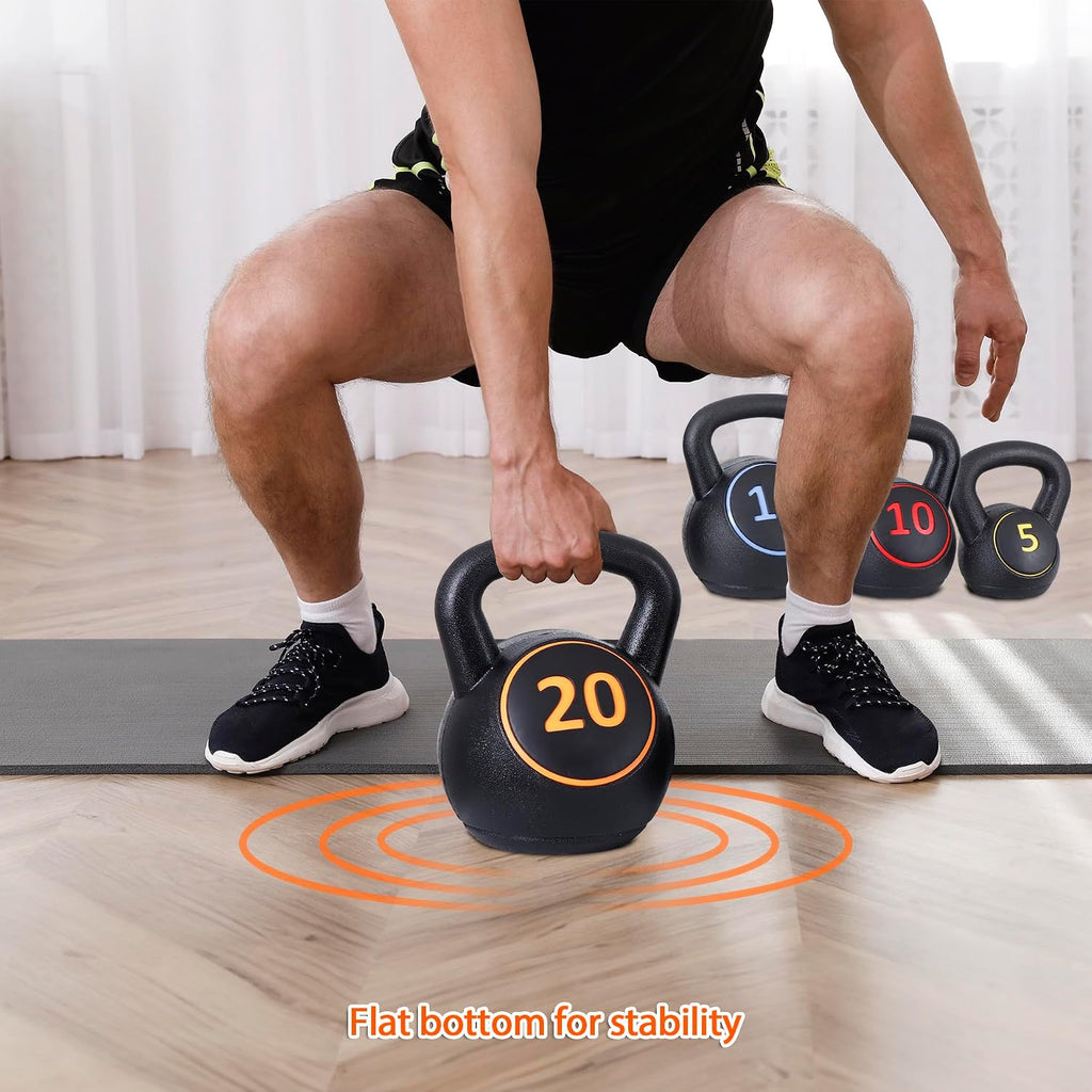 Wide Grip Kettlebell Sets 4 Piece Strength Training KettleBells Weights Set 5lb, 10lb, 15lb, 20lb HDPE Coated