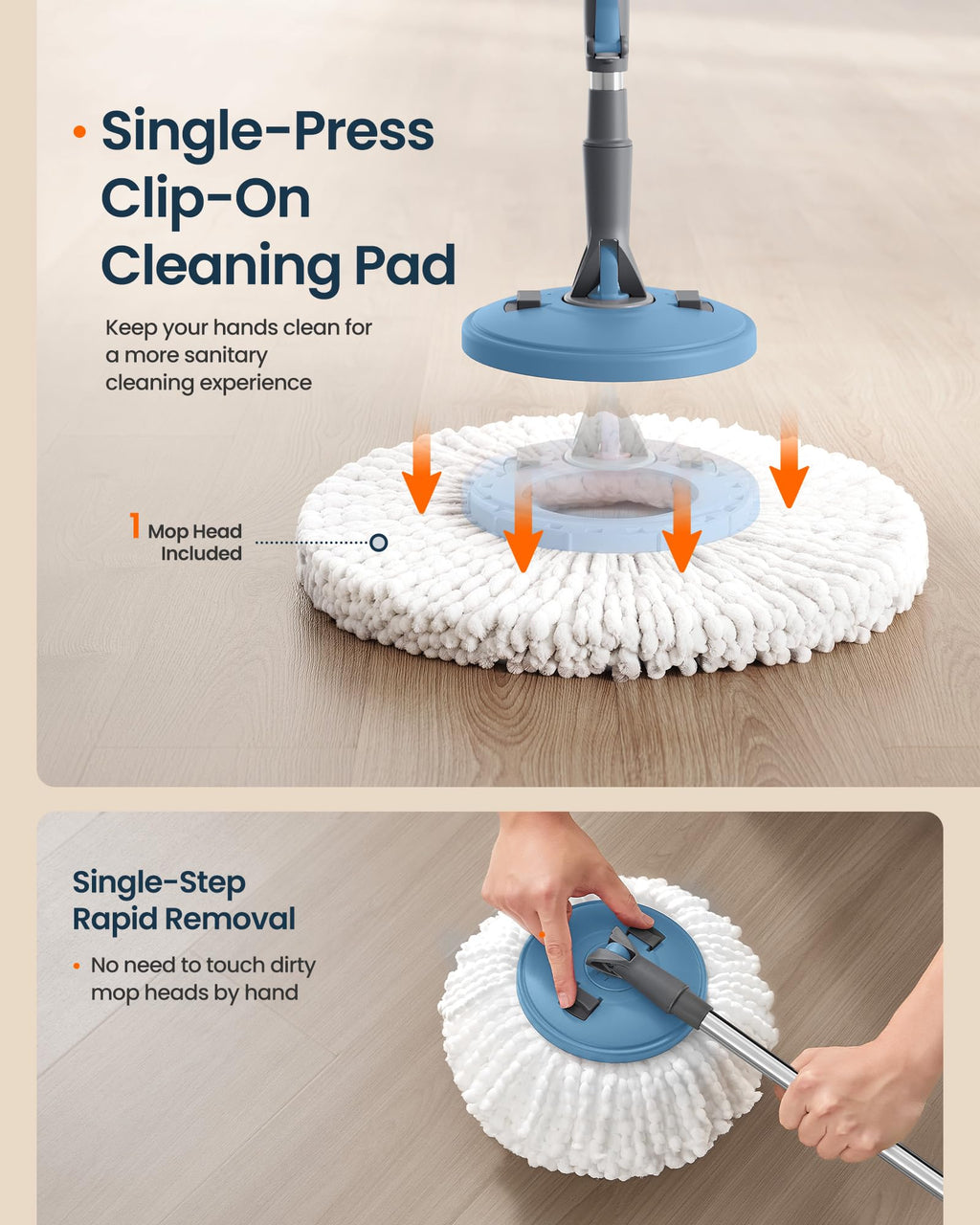 Spin Mop and Bucket Set, 4 Microfiber Pads, Blue and Gray
