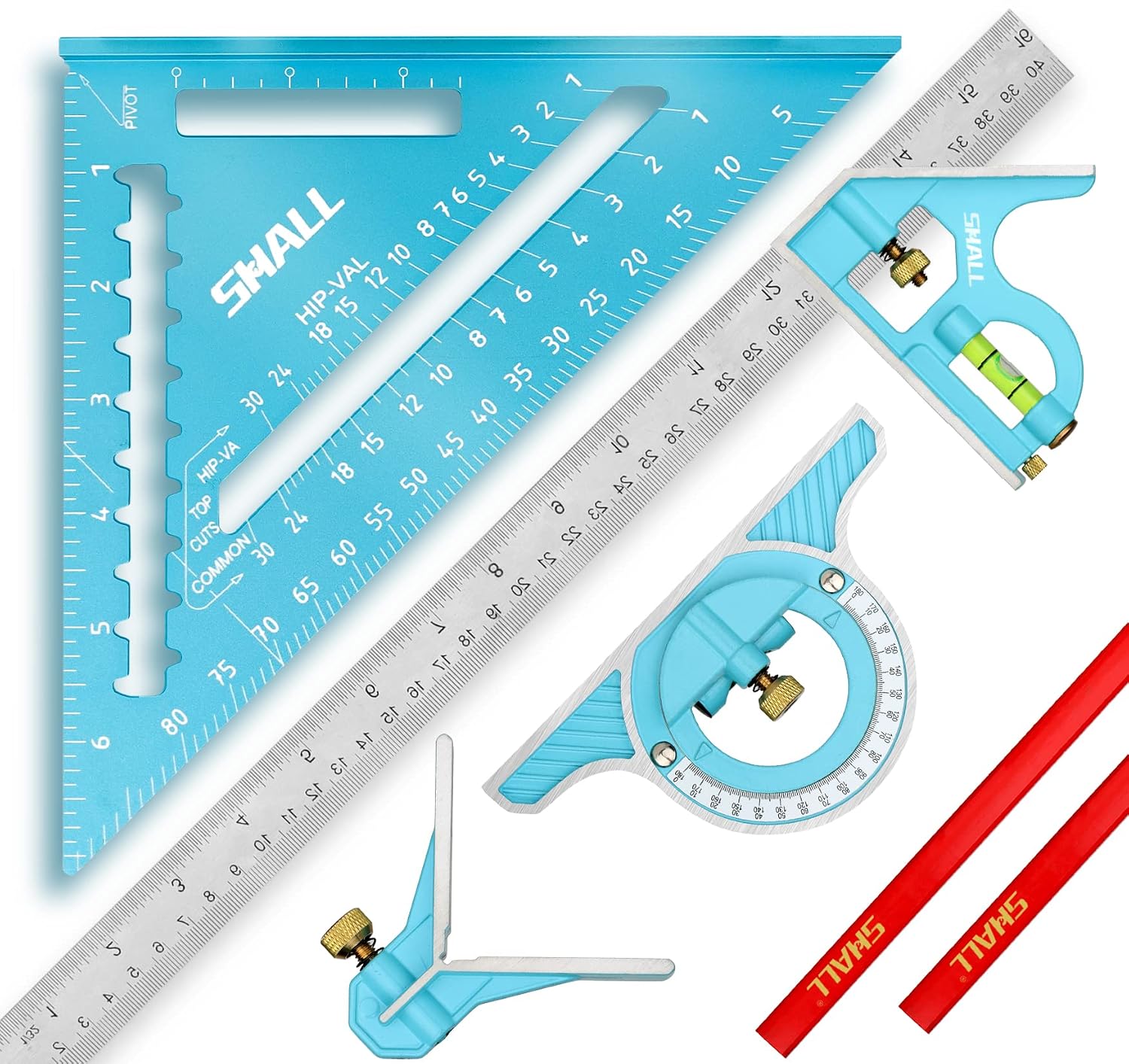 Rafter Square & Combination Square Tool Set, 7 Inch Aluminium-Alloy Carpenter Square & 16 Inch Zinc-Alloy Woodworking