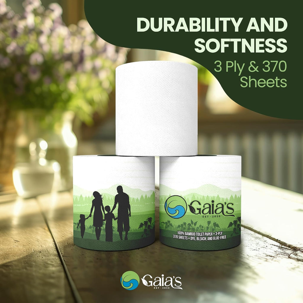 Gaias Premium and Soft Organic Bamboo Toilet Paper | 12 Mega Rolls, 3 Ply, 370 Sheets | FSC Certified, PFAS & BPA