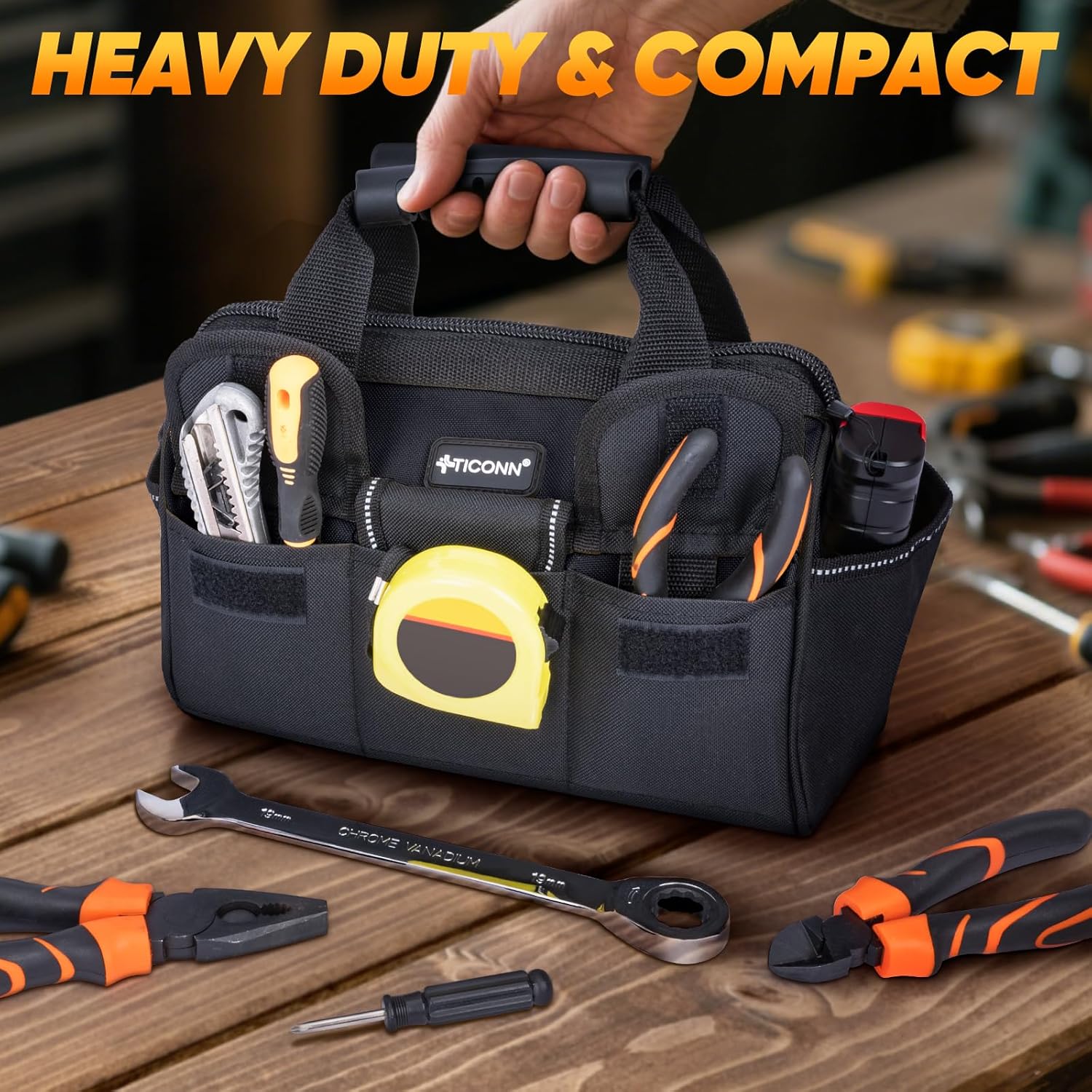 Heavy Duty Tool Bag with Multi-Pockets, Portable Tool Box Organizer Storage Bag, with Adjustable Shoulder Strap and