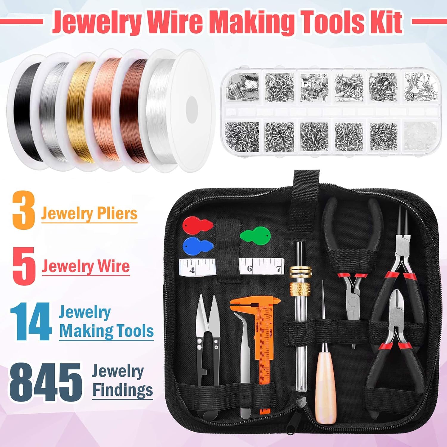 Wire Wrapping for Jewelry Making, Repair and Beading Supplies Kit with Craft Ring Wire, Tools, Pliers and Jewelry