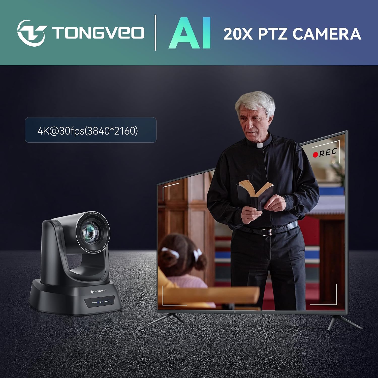 Conference Room PTZ Camera System with 20X Optical Zoom, AI Auto Tracking 1080P 60fps HDMI USB Webcam for Church