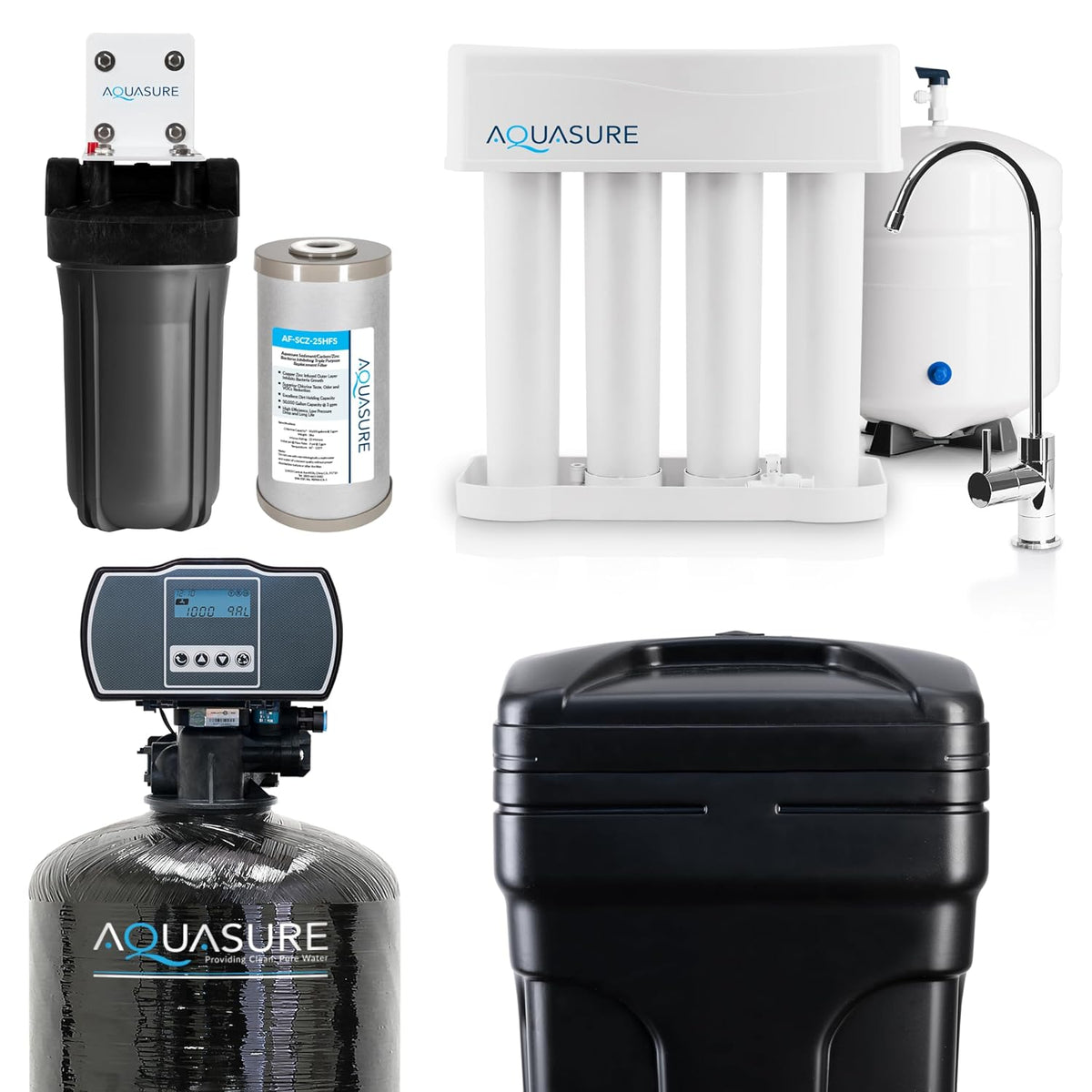 Whole House Water Filtration Bundle w/Water Softener, 75 GPD RO System & Dual Purpose Sediment/GAC Pre-Filter (72,000