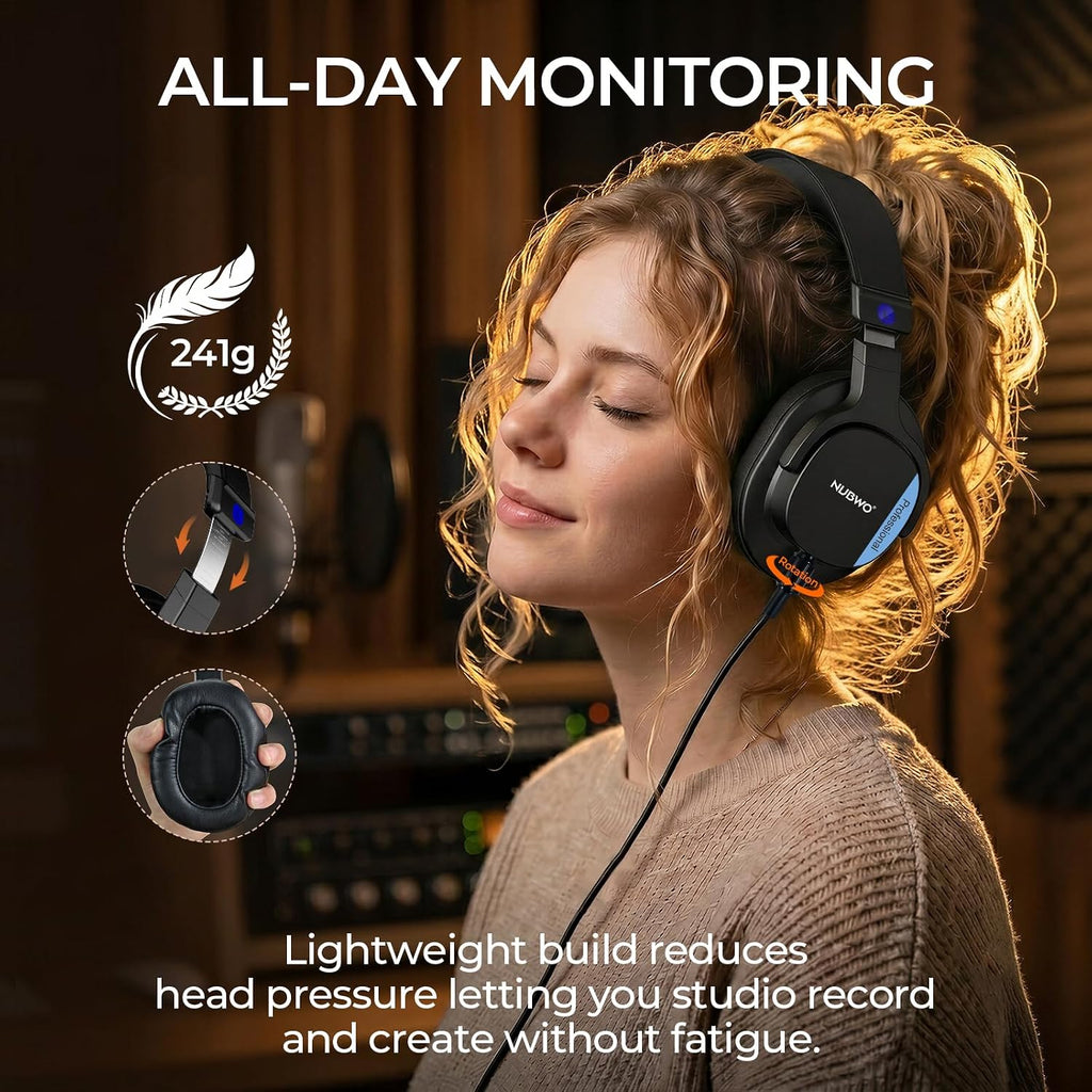 HD01 Studio Headphones Wired, Hi-Res Over Ear Headphones with 1/4 inch to 3.5mm Adapter, Lightweight Closed Back