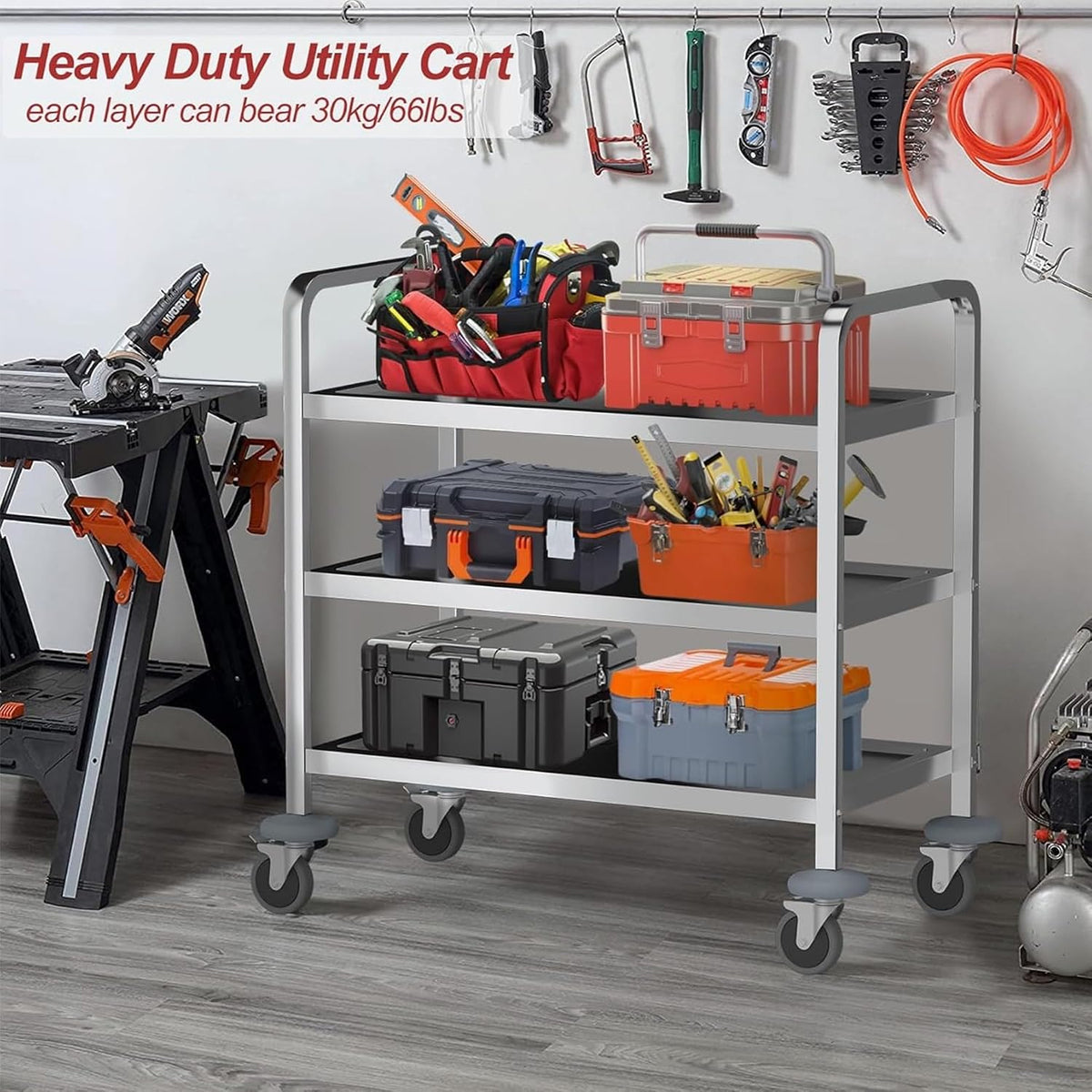 3 Tier Kitchen Rolling Cart, Stainless Steel, L30 x W16 x H33 Inch