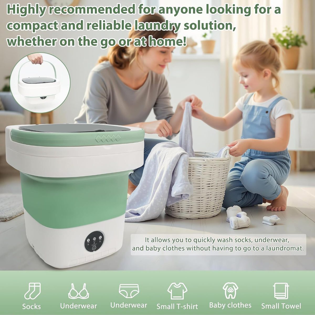 20L Portable Washing Machine with Spin Dryer, Foldable Mini Washer, 3 Wash Modes for Baby Clothes, Underwear and
