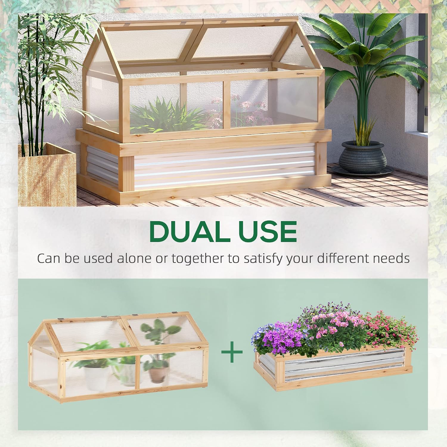 Raised Garden Bed, Polycarbonate Mini Greenhouse, Natural | 48" x 24" x 32", Wooden, Cold Frame Greenhouse, Flower
