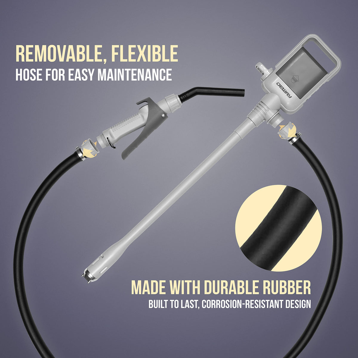 Deway Auto Fuel Transfer Pump, Removable Rubber Hose, D Battery, 2.4 GPM