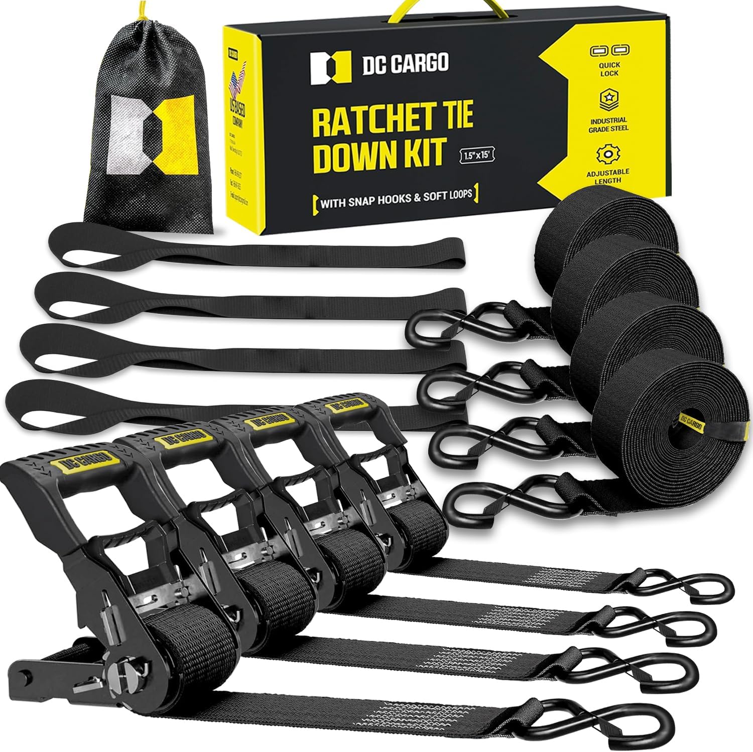 Ratchet Straps Tie Downs 4 Pack (5,000 LB Break Strength) 1.5" x 15 Feet Tie Down Straps with Safety Lock S Hooks for