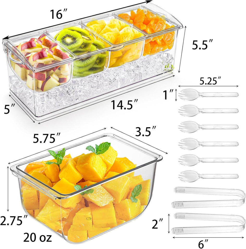 Large Ice Chilled Condiment Server with Lid, 4 Compartments Chilled Condiment Caddy, Bar Garnish Serving Platter