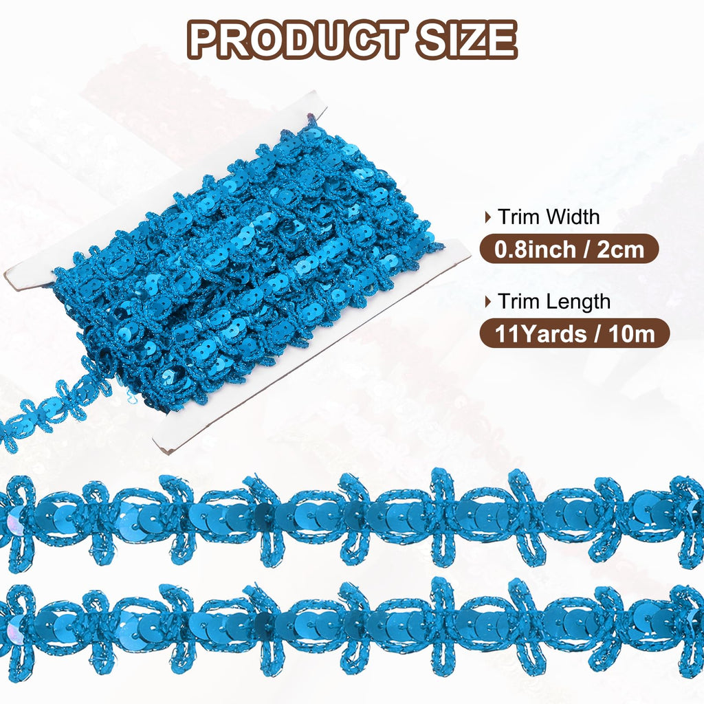 11 Yards Braid Trim 0.8" Sequins Beaded Lace Trim, Lake Blue