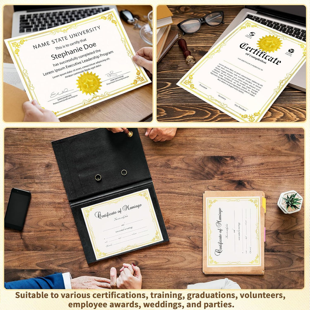 200 Sheet Gold Foil Award Certificate Paper Bulk 8.5 x 11 in for Printing Customizable Blank Cardstock Gold Border