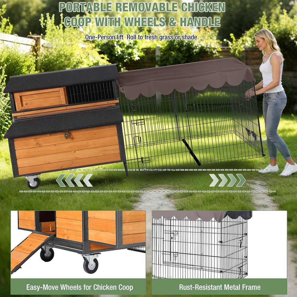 Large Chicken Coop with Run, Mobile Chicken Tractor for 6-8 Chickens, Upgraded Metal Frame Hen House with Wheels, 6