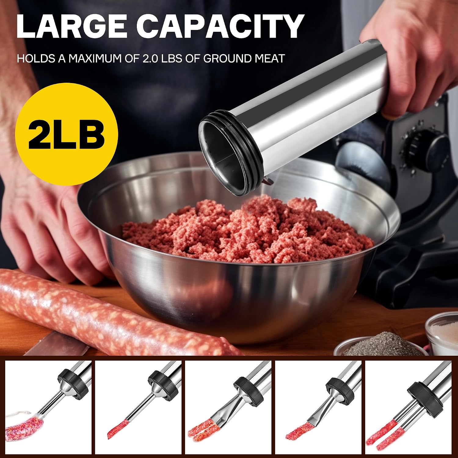 Professional Jerky Gun for Ground Meat | 2.5LB Capacity Jerky Maker Kit with 5 Attachments, 2 Brushes & Storage Net