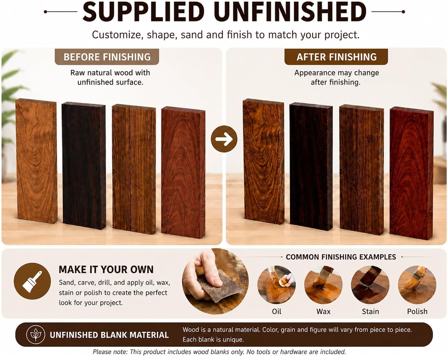 Knife Handle Material Wood Scales Blanks Kit, 4 Pieces, 4.8 x 1.6 x 0.4 in | Four unfinished natural wood blanks for