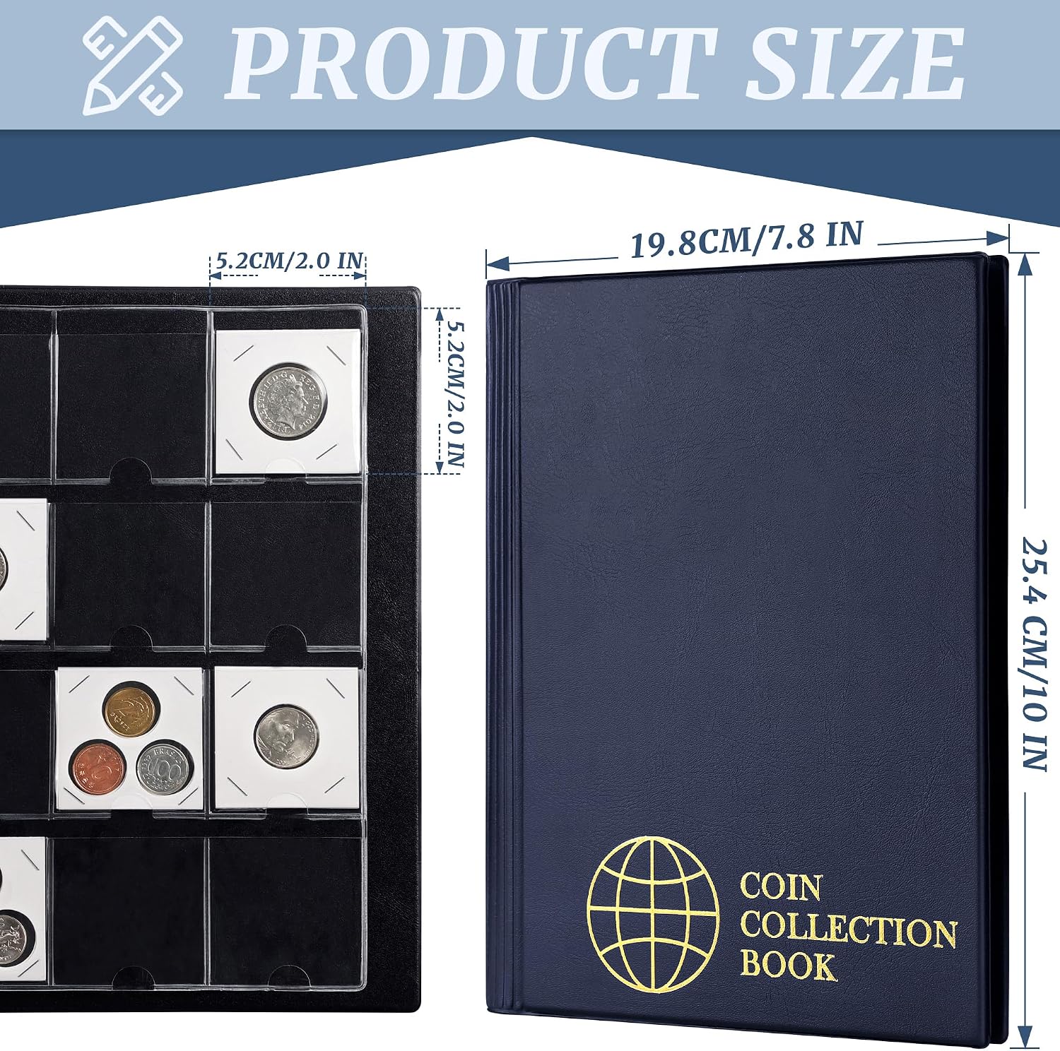 120 Pockets Coin Album for Coin Flips 2x2in 10 Pages 12 Pockets/Page Blue | Uncle Paul Coin Collection Book 50x50mm