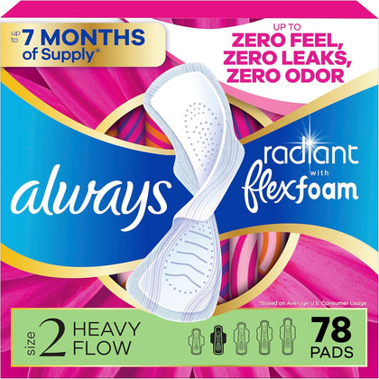 Radiant Feminine Pads for Women, Flexfoam Pads with Wings, Size 2, Heavy Absorbency, Lightly Scented, 78 Count (3