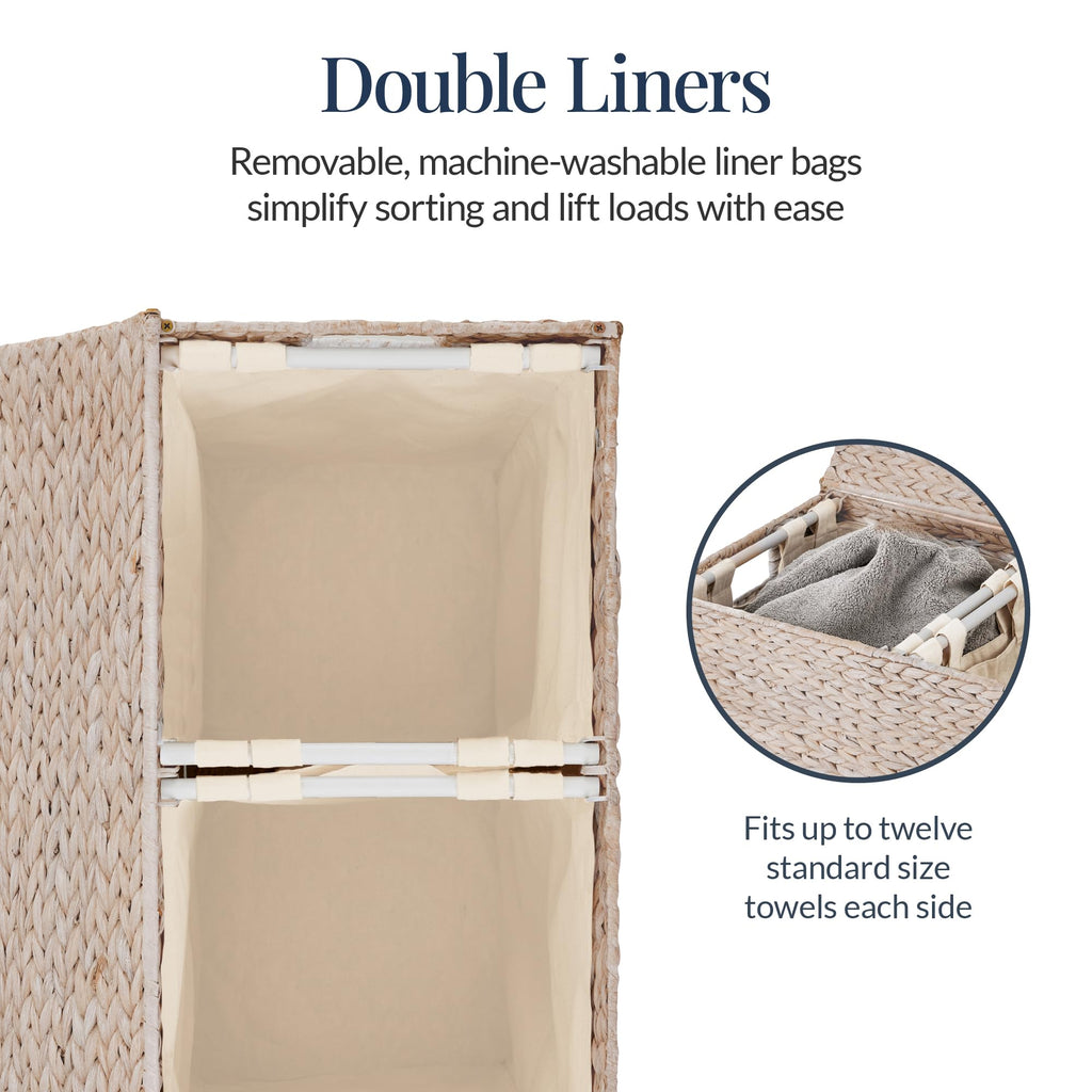 Large Laundry Hamper with Lid, Natural Handwoven Hyacinth Laundry Basket, W/Removeable & Washable Liner Bag