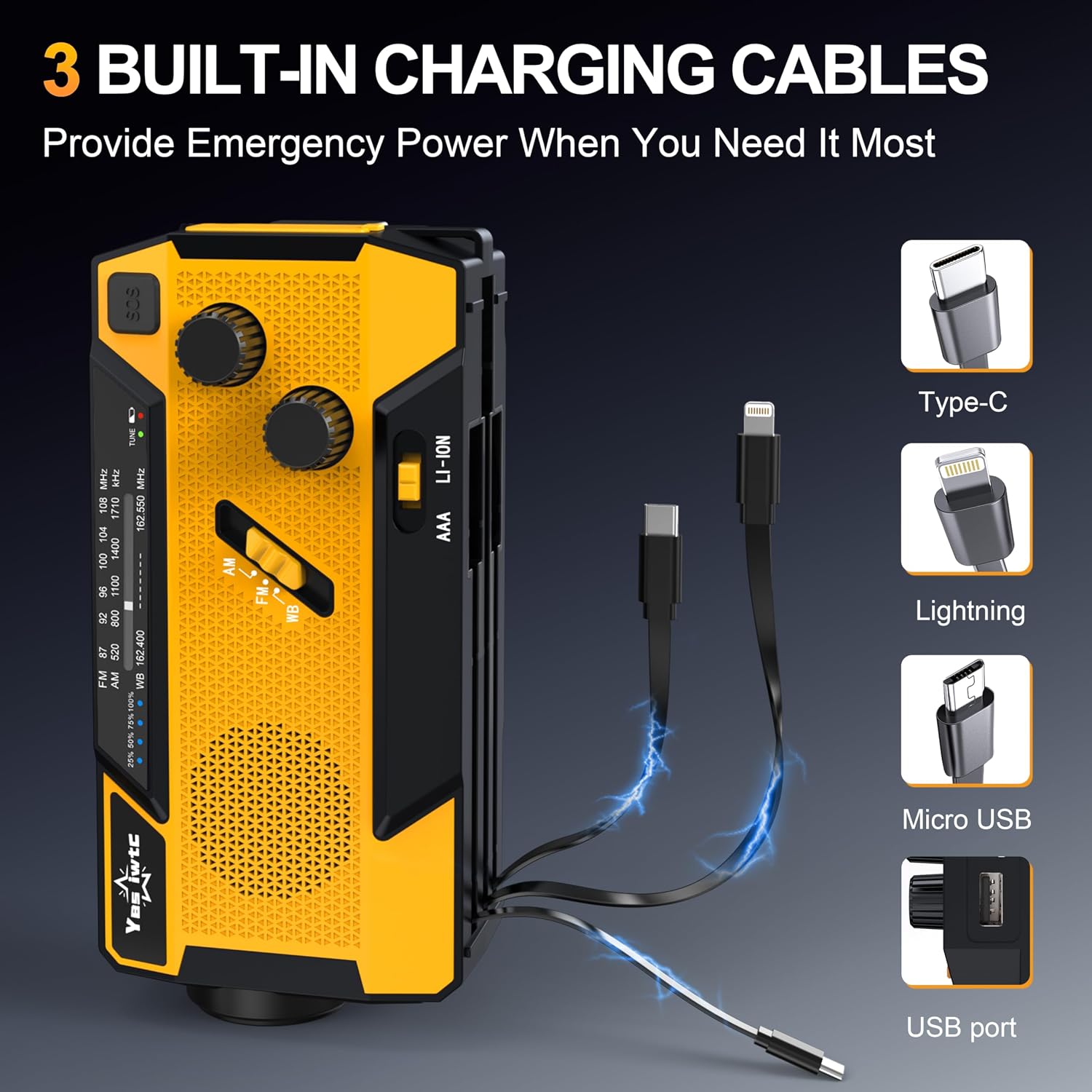 Hand Crank Emergency Radio 7400mWh (2000mAh) Solar Hand Crank Radio | Built in 3 Charging Cables AM/FM/NOAA Weather