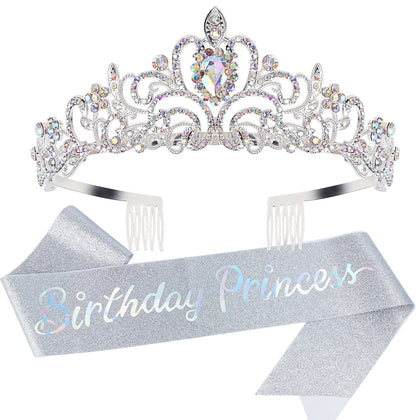 Princess Crown, Happy Birthday Tiara, Girl Sash for Women, Cake Popper, Birthday Party Decorations for Women
