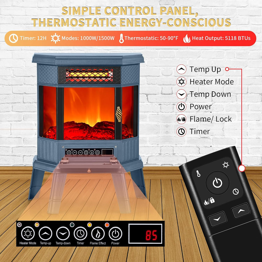 Electric Fireplace Heater 22 in Freestanding Fireplace Stove Infrared Fireplace with 3D Flame Effect Remoted Control