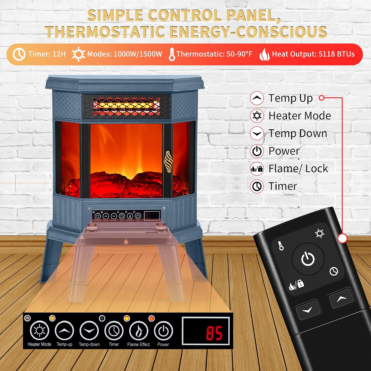 Electric Fireplace Heater 22 in Freestanding Fireplace Stove Infrared Fireplace with 3D Flame Effect Remoted Control