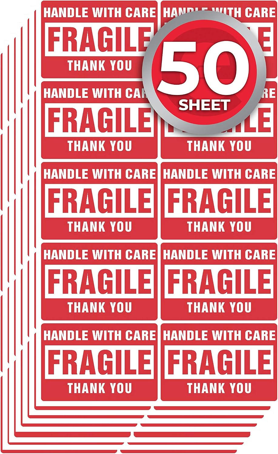 50 Sheets 2 x 3 in Fragile Stickers for Moving and Shipping